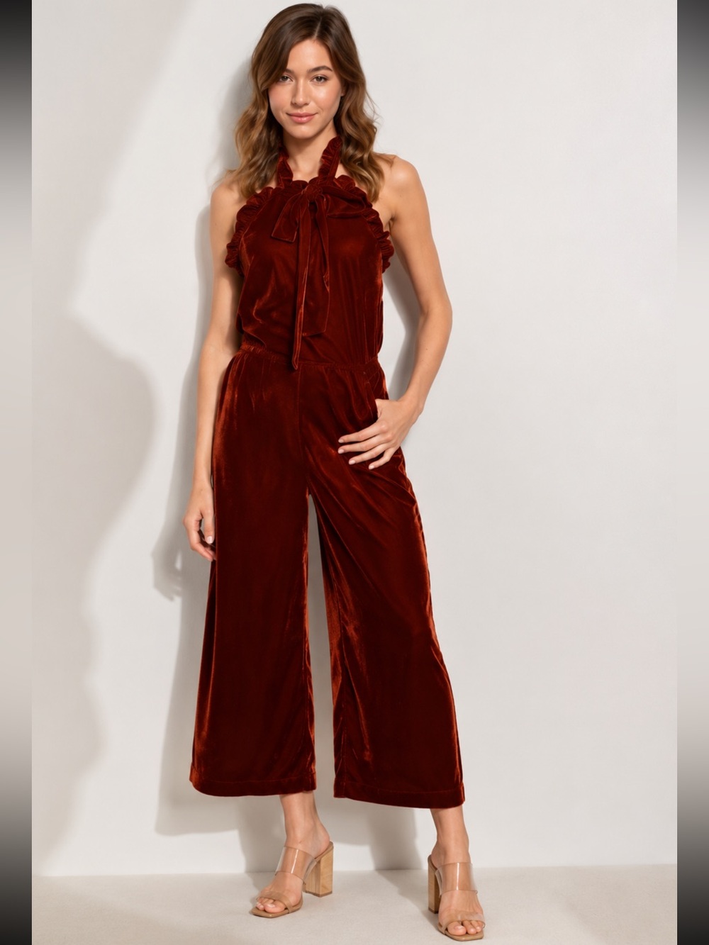 Storia Velvet Halter Jumpsuit in Deep Burgundy